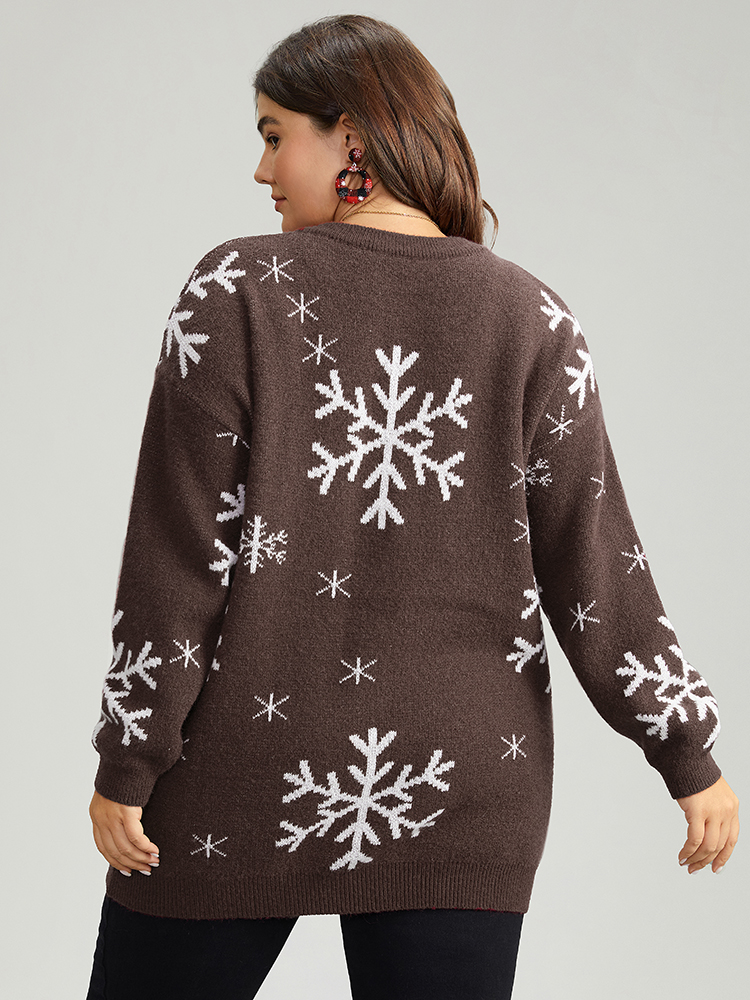 

Plus Size Anti-Pilling Snowflake Print Pullover DarkBrown Women Casual Loose Long Sleeve V-neck Dailywear Pullovers BloomChic