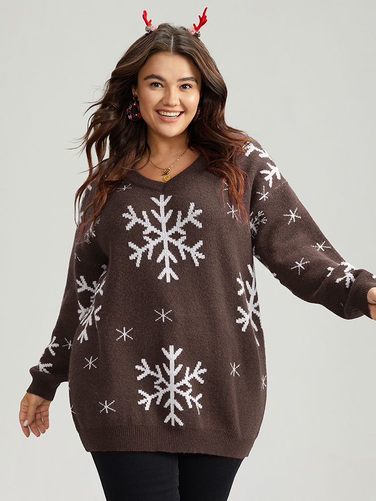 BloomChic Women's Plus Size Anti-Pilling Snowflake Print Pullover DarkBrown not graphics Long Sleeve V-Neck 12/L