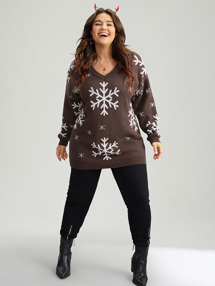 

Plus Size Anti-Pilling Snowflake Print Pullover DarkBrown Women Casual Loose Long Sleeve V-neck Dailywear Pullovers BloomChic