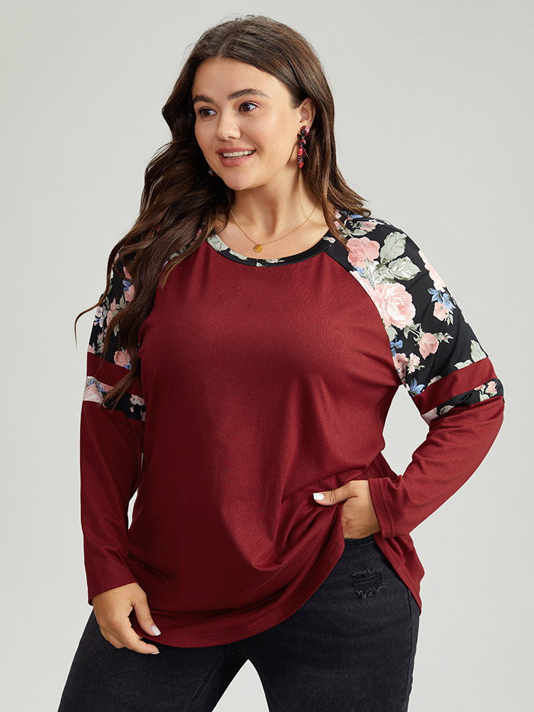 

Plus Size Floral Print Patchwork Raglan Sleeve T-shirt Red Women Casual Contrast Floral Round Neck Festival-Christmas T-shirts BloomChic