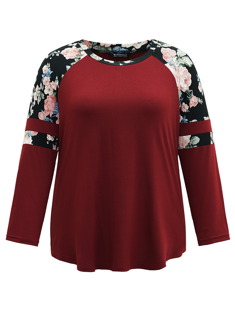 Plus Size Women Festival-Christmas Floral Contrast Raglan sleeve Long Sleeve Round Neck Casual T-shirts BloomChic 