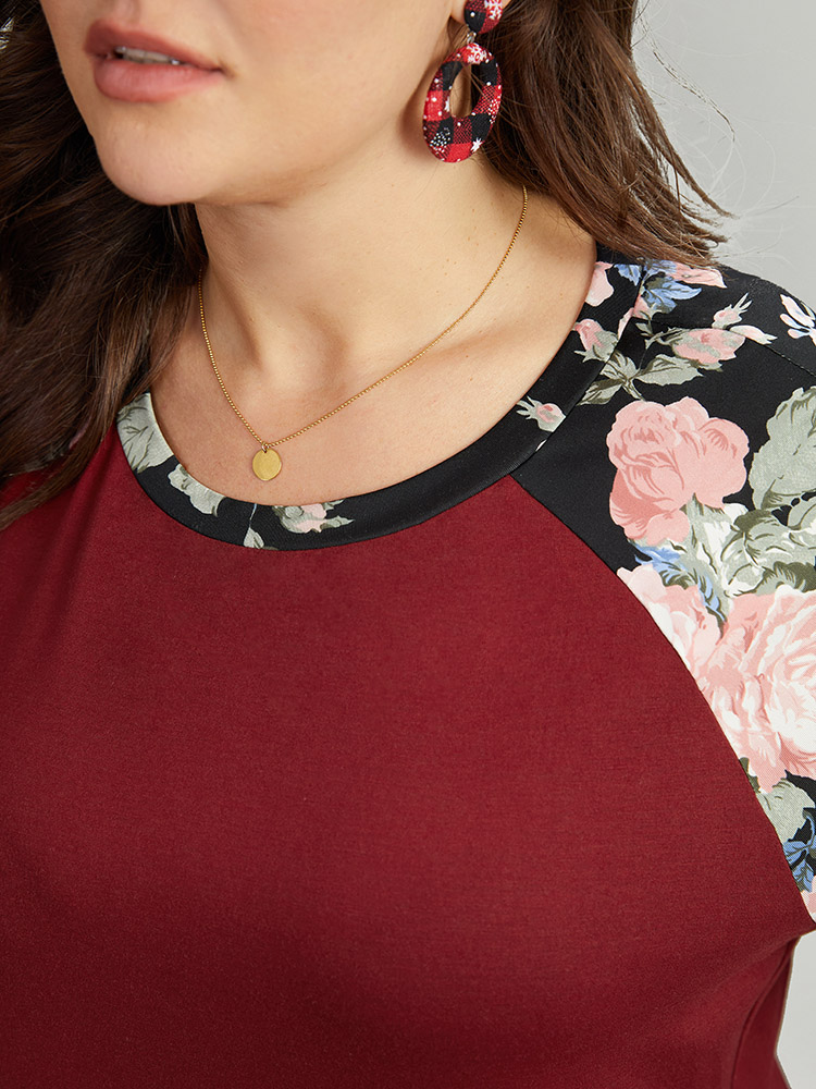 Plus Size Women Festival-Christmas Floral Contrast Raglan sleeve Long Sleeve Round Neck Casual T-shirts BloomChic 