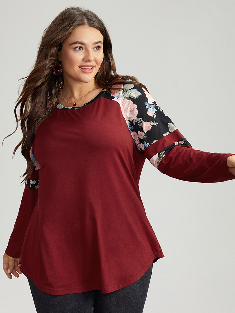 Plus Size Women Festival-Christmas Floral Contrast Raglan sleeve Long Sleeve Round Neck Casual T-shirts BloomChic 