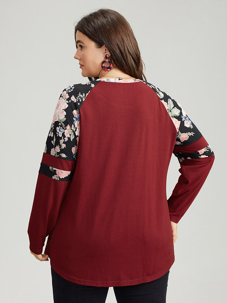 Plus Size Women Festival-Christmas Floral Contrast Raglan sleeve Long Sleeve Round Neck Casual T-shirts BloomChic 