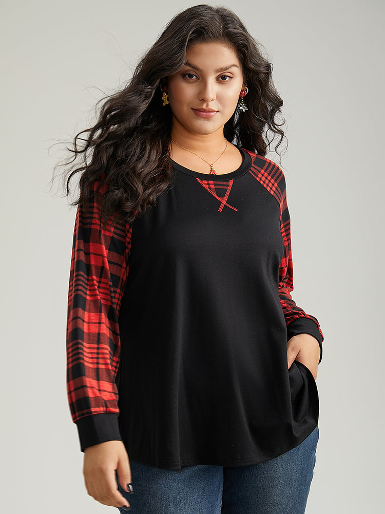 

Plus Size Plaid Contrast Stitch Raglan Sleeve T-shirt Black Women Casual Elastic cuffs Plaid Round Neck Festival-Christmas T-shirts BloomChic