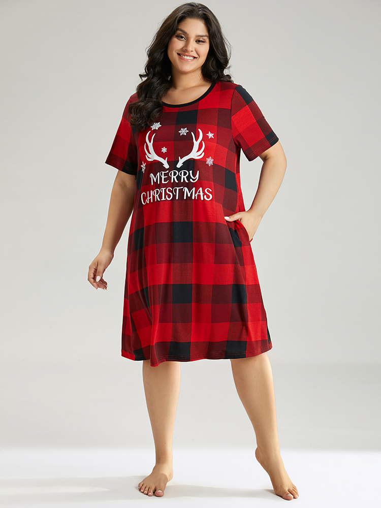 

Plus Size Christmas Elk Print Crew Neck Pocket Sleep Dress Red Short sleeve Round Neck Casual Festival-Christmas  Bloomchic