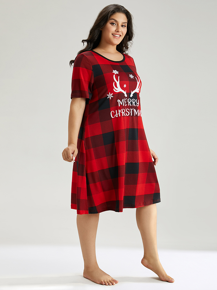 

Plus Size Christmas Elk Print Crew Neck Pocket Sleep Dress Red Short sleeve Round Neck Casual Festival-Christmas  Bloomchic