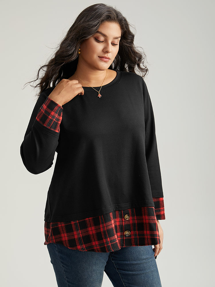 Plus Size Plaid Patchwork Button Detail Curved Hem Sweatshirt Women Black Casual Contrast Round Neck Festival-Christmas Sweatshirts BloomChic 10/M 