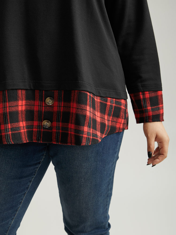 Plus Size Plaid Patchwork Button Detail Curved Hem Sweatshirt Women Black Casual Contrast Round Neck Festival-Christmas Sweatshirts BloomChic 10/M 