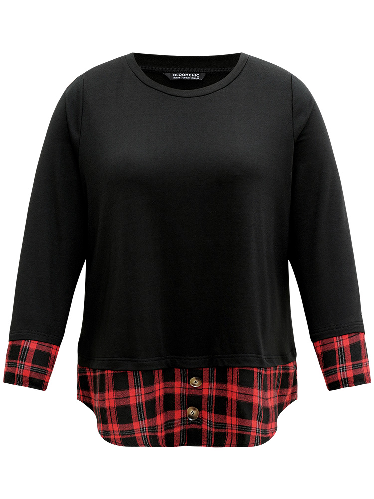 Plus Size Plaid Patchwork Button Detail Curved Hem Sweatshirt Women Black Casual Contrast Round Neck Festival-Christmas Sweatshirts BloomChic 10/M 