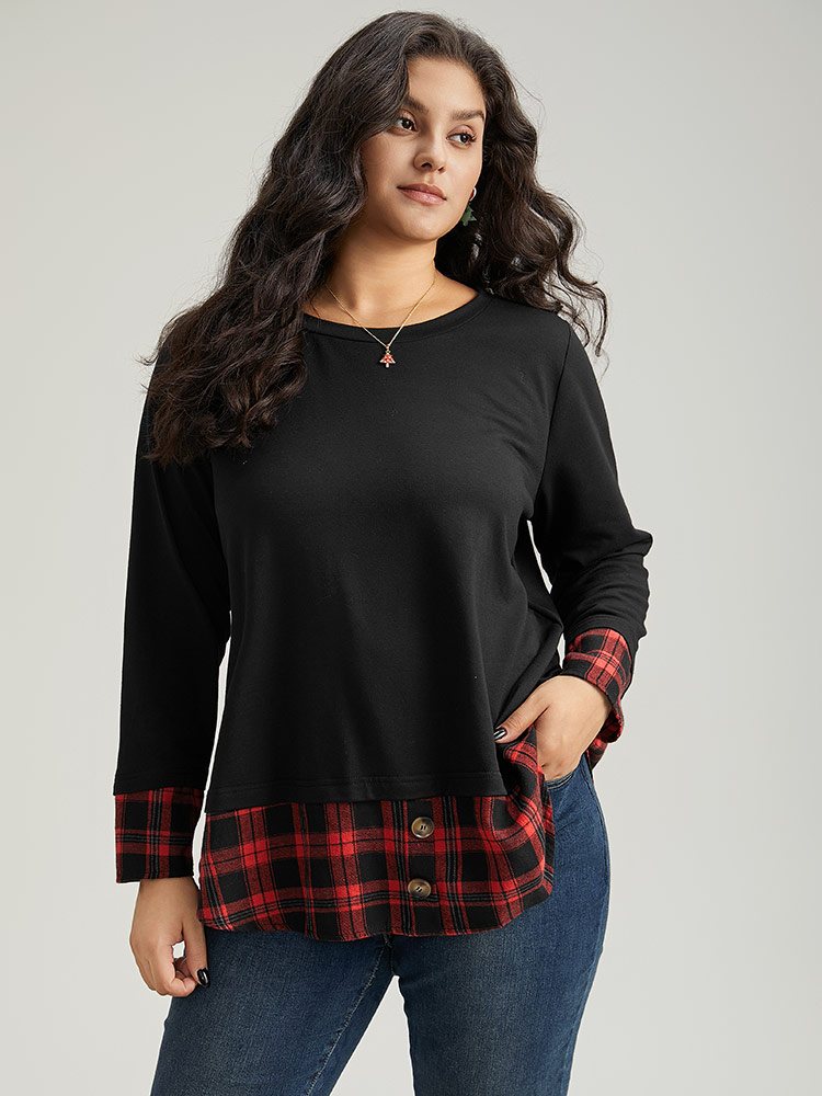 Plus Size Plaid Patchwork Button Detail Curved Hem Sweatshirt Women Black Casual Contrast Round Neck Festival-Christmas Sweatshirts BloomChic 10/M 