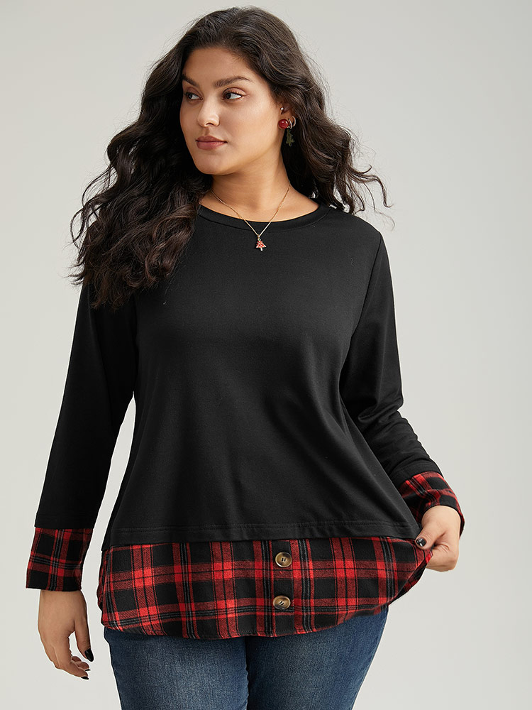 Plus Size Plaid Patchwork Button Detail Curved Hem Sweatshirt Women Black Casual Contrast Round Neck Festival-Christmas Sweatshirts BloomChic 10/M 