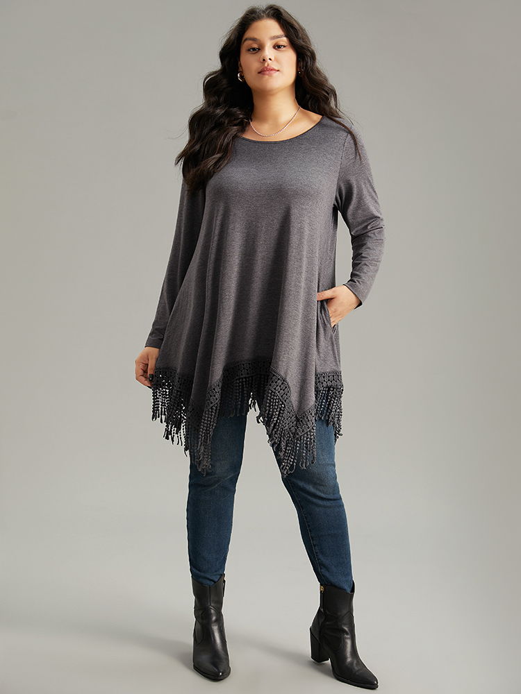 

Solid Tassels Trim Pocket Asymmetrical Hem T-shirt, Gray