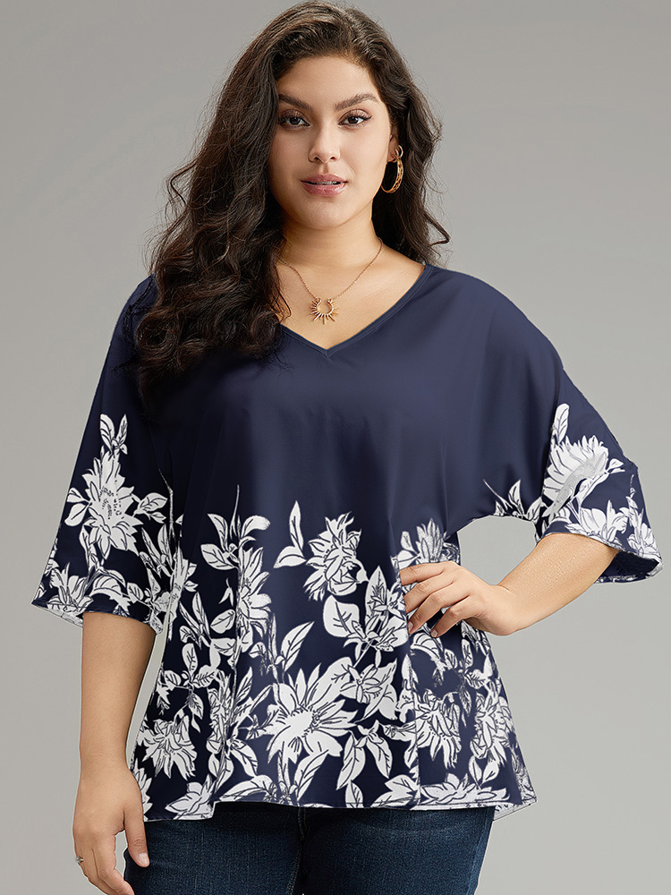 

Plus Size Indigo Boho Print V Neck Cut Out Blouse Women Elegant Elbow-length sleeve V-neck Dailywear Blouses BloomChic