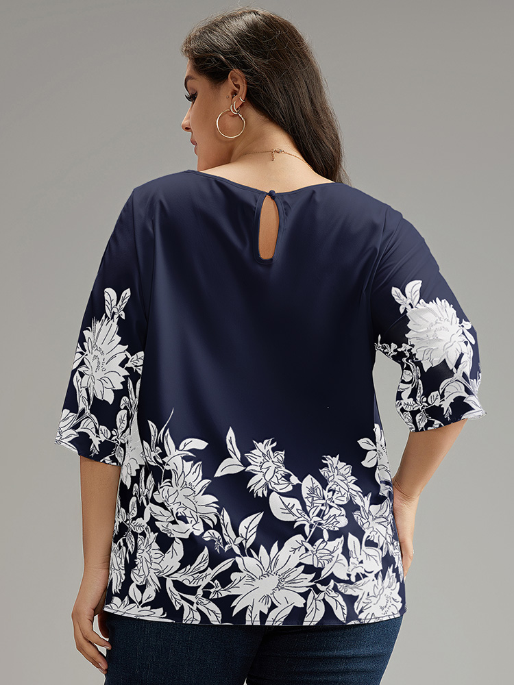 Plus Size Indigo Boho Print V Neck Cut Out Blouse Women Elegant Elbow-length sleeve V-neck Dailywear Blouses BloomChic 30/6X 
