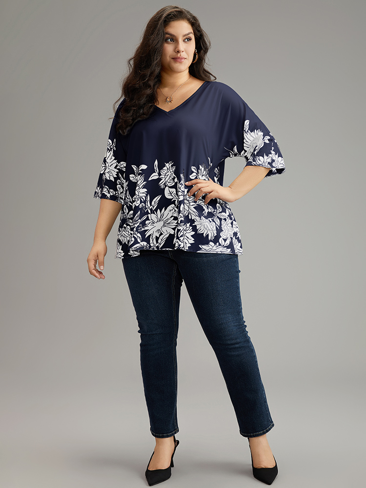Plus Size Indigo Boho Print V Neck Cut Out Blouse Women Elegant Elbow-length sleeve V-neck Dailywear Blouses BloomChic 30/6X 