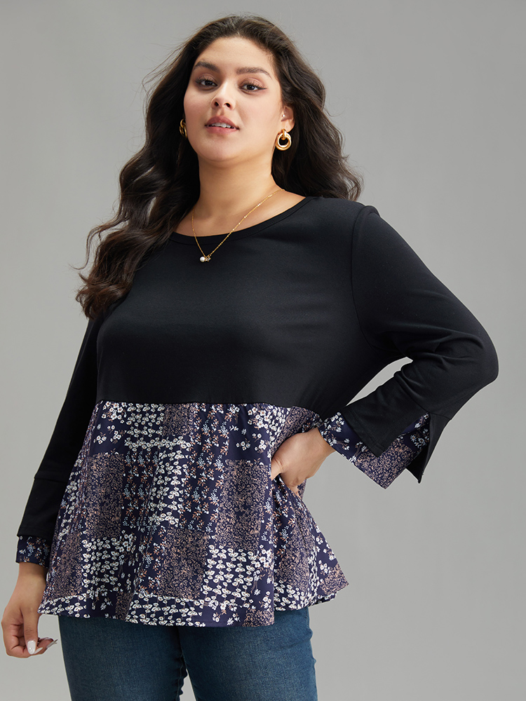 

Plus Size Ditsy Floral Patchwork Flutter Sleeve T-shirt Black Round Neck Long Sleeve Casual Jersey Tops