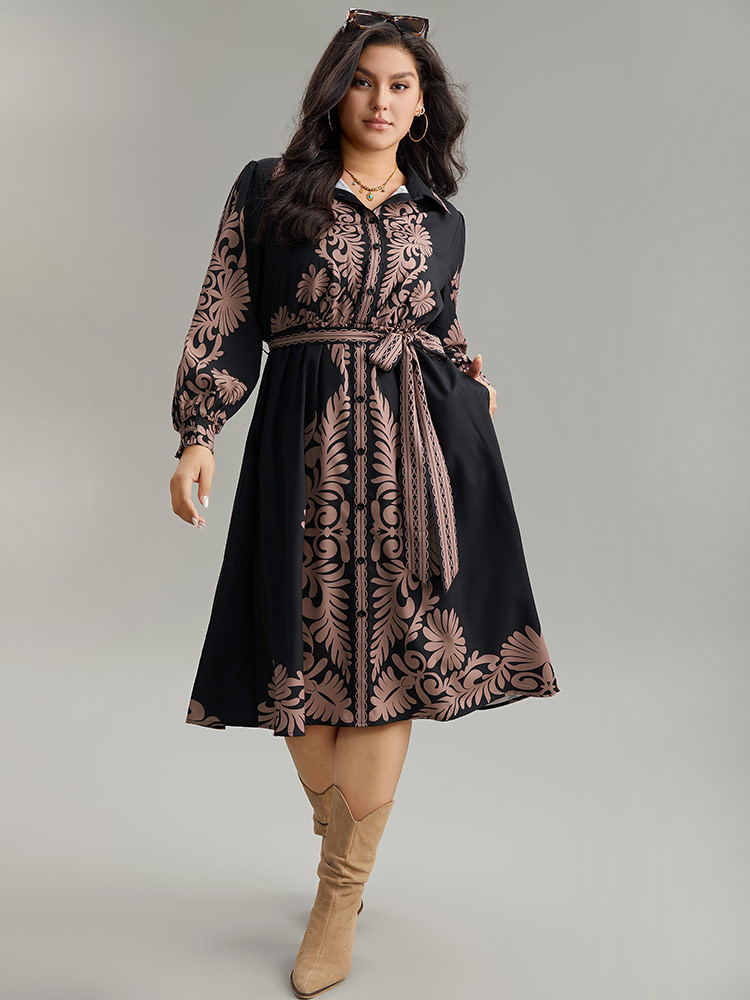 

Plus Size Boho Print Shirt Collar Belted Dress Black Women Vacation Belted Shirt collar Long Sleeve Curvy Midi Dress BloomChic