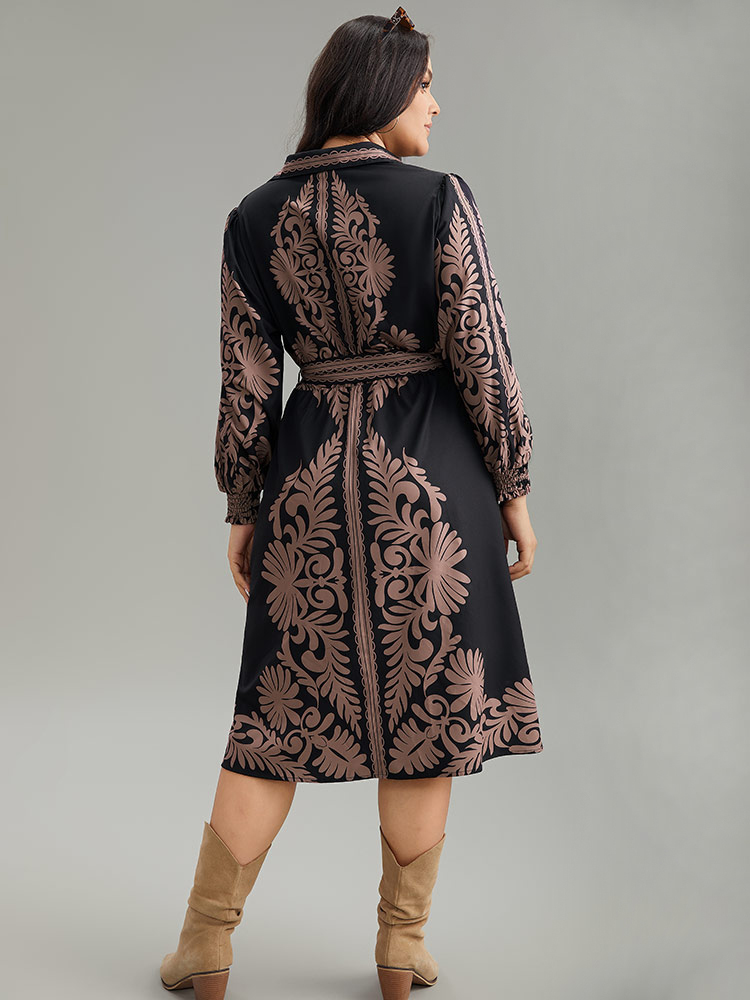 Plus Size Boho Print Shirt Collar Belted Dress Black Women Vacation Belted Shirt collar Long Sleeve Curvy Midi Dress BloomChic 26/4X 