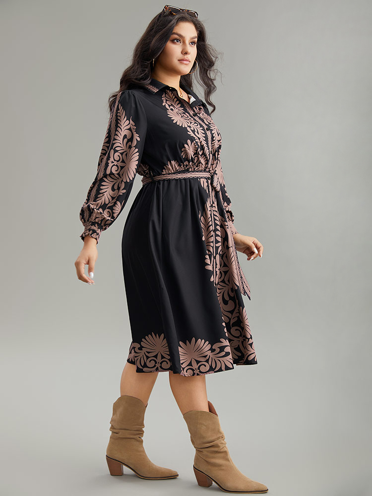Plus Size Boho Print Shirt Collar Belted Dress Black Women Vacation Belted Shirt collar Long Sleeve Curvy Midi Dress BloomChic 26/4X 
