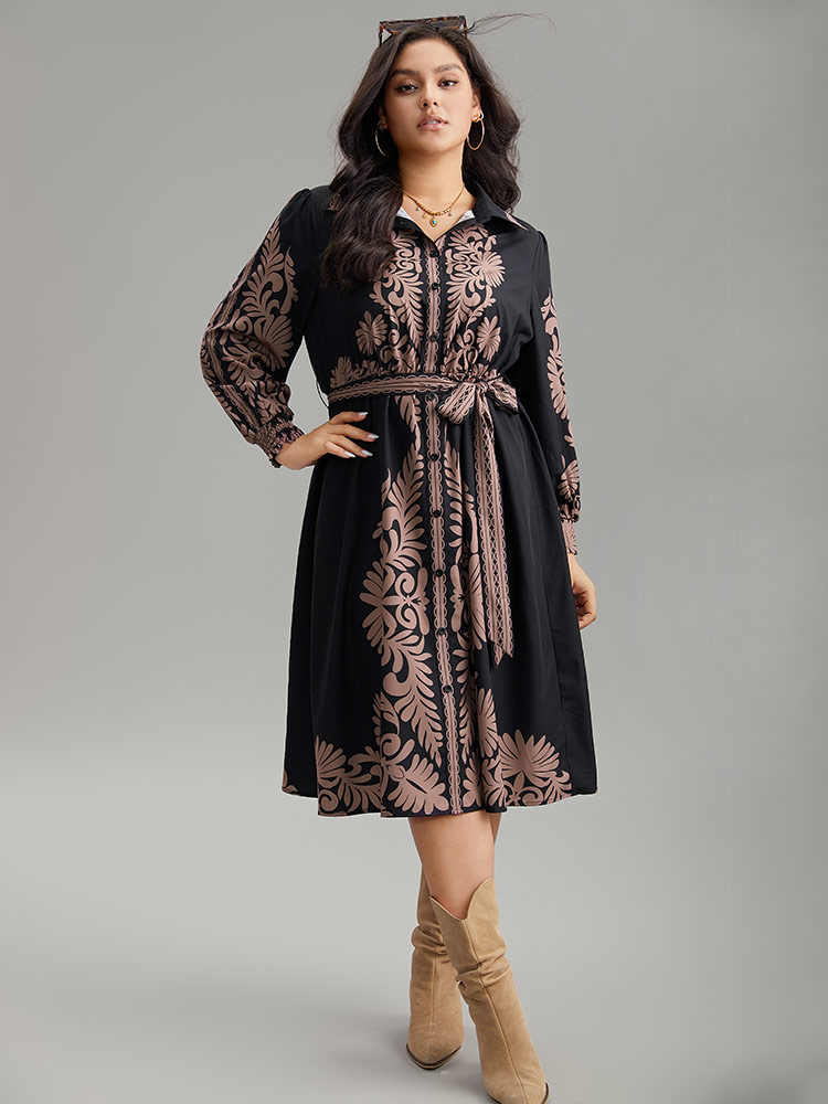 Plus Size Boho Print Shirt Collar Belted Dress Black Women Vacation Belted Shirt collar Long Sleeve Curvy Midi Dress BloomChic 26/4X 