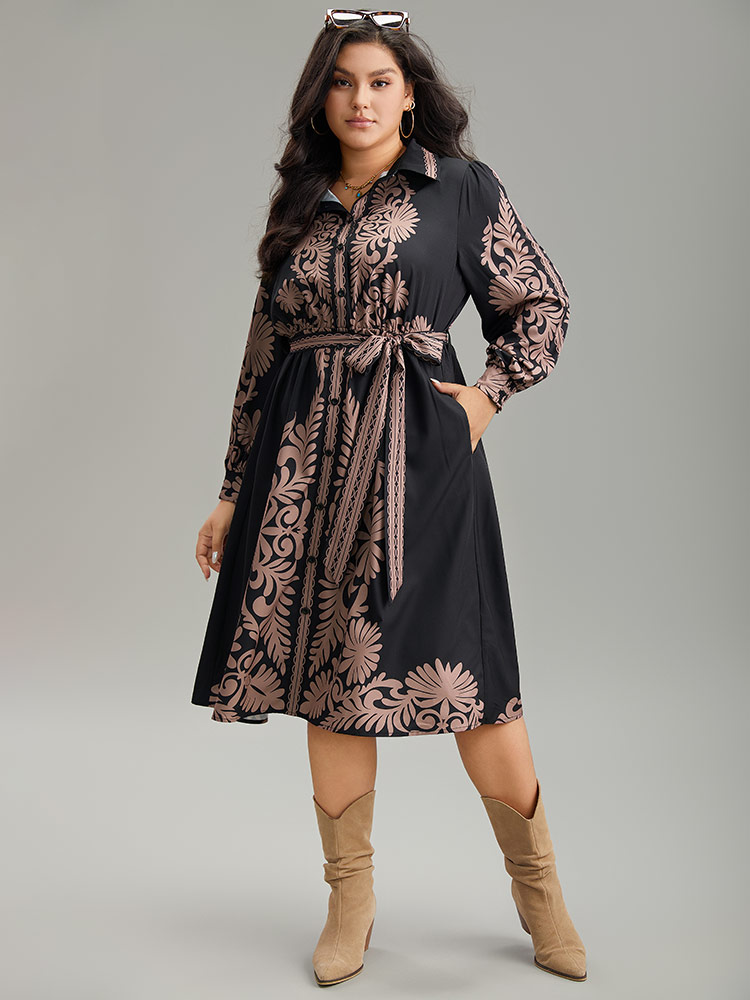 Plus Size Boho Print Shirt Collar Belted Dress Black Women Vacation Belted Shirt collar Long Sleeve Curvy Midi Dress BloomChic 26/4X 