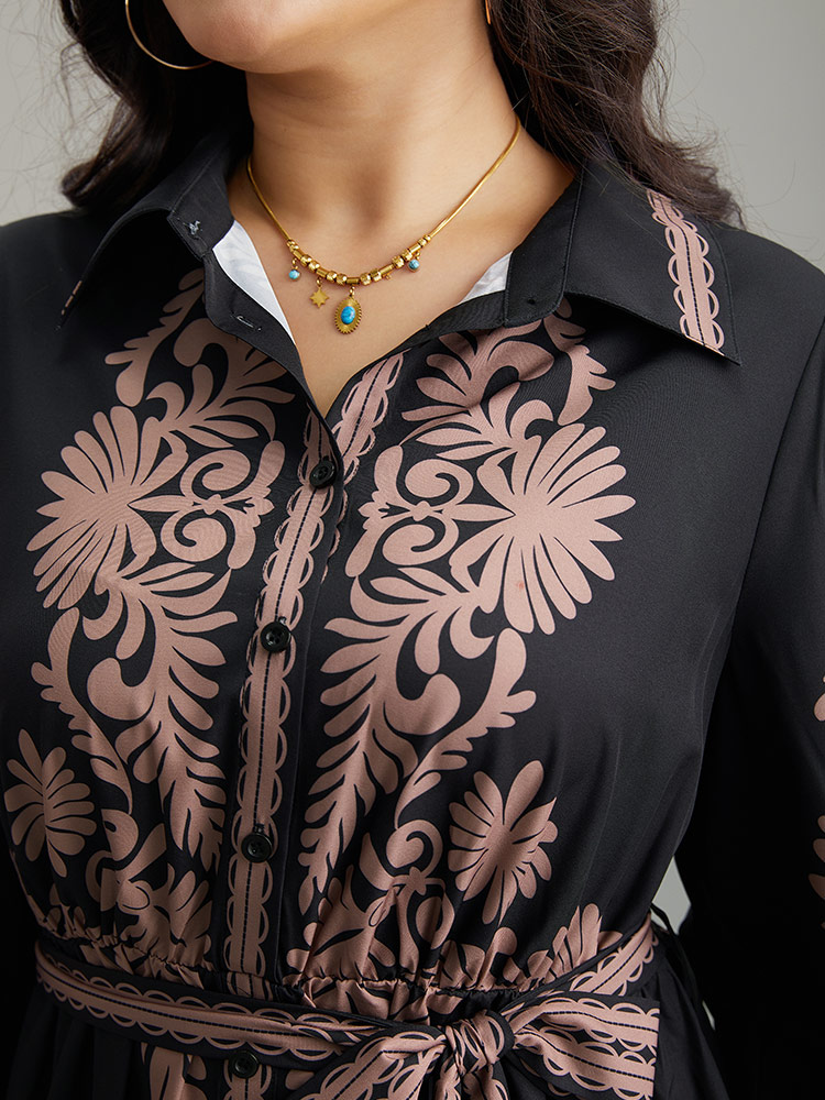 Plus Size Boho Print Shirt Collar Belted Dress Black Women Vacation Belted Shirt collar Long Sleeve Curvy Midi Dress BloomChic 26/4X 