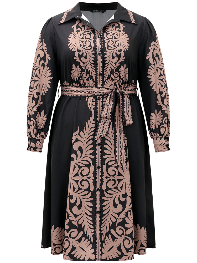 Plus Size Boho Print Shirt Collar Belted Dress Black Women Vacation Belted Shirt collar Long Sleeve Curvy Midi Dress BloomChic 26/4X 