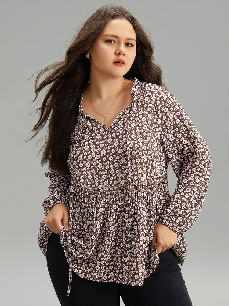 

Plus Size DarkBrown Ditsy Floral Knot Neck Gathered Blouse Women Elegant Long Sleeve Tie Neck Dailywear Blouses BloomChic