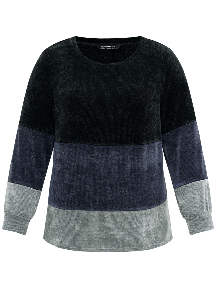 Plus Size Colorblock Patchwork Crew Neck Sweatshirt Women Black Elegant Patchwork Round Neck Dailywear Sweatshirts BloomChic 18-20/2X 