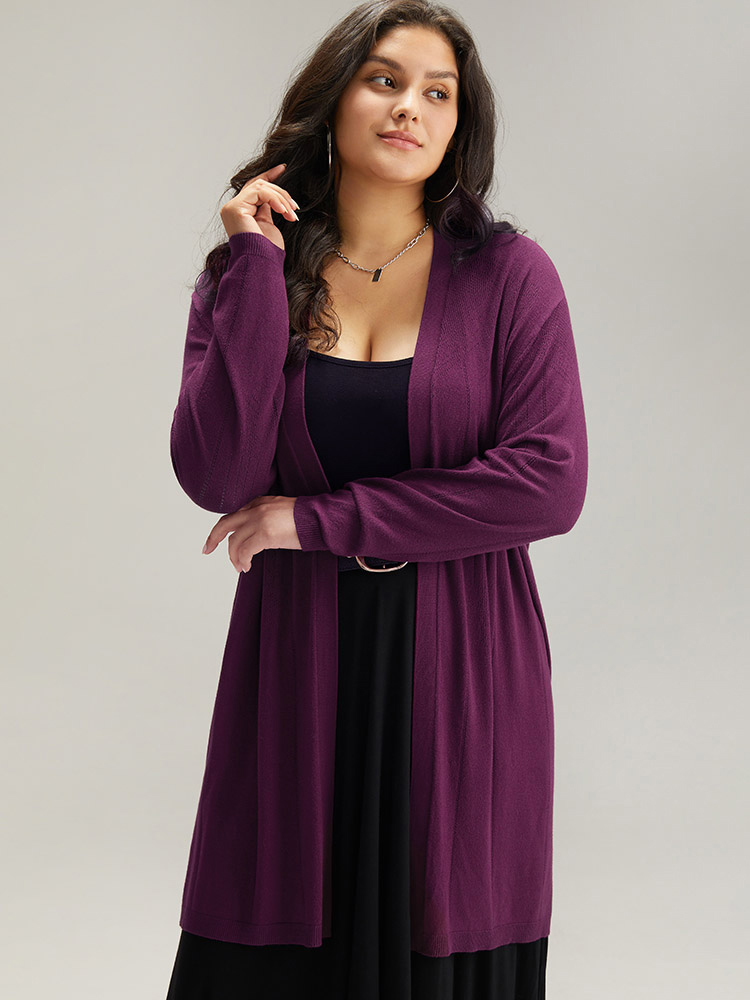 

Plus Size Supersoft Essentials Plain Hollow Out Open Front Cardigan Purple Women Basics Loose Long Sleeve Everyday Cardigans BloomChic