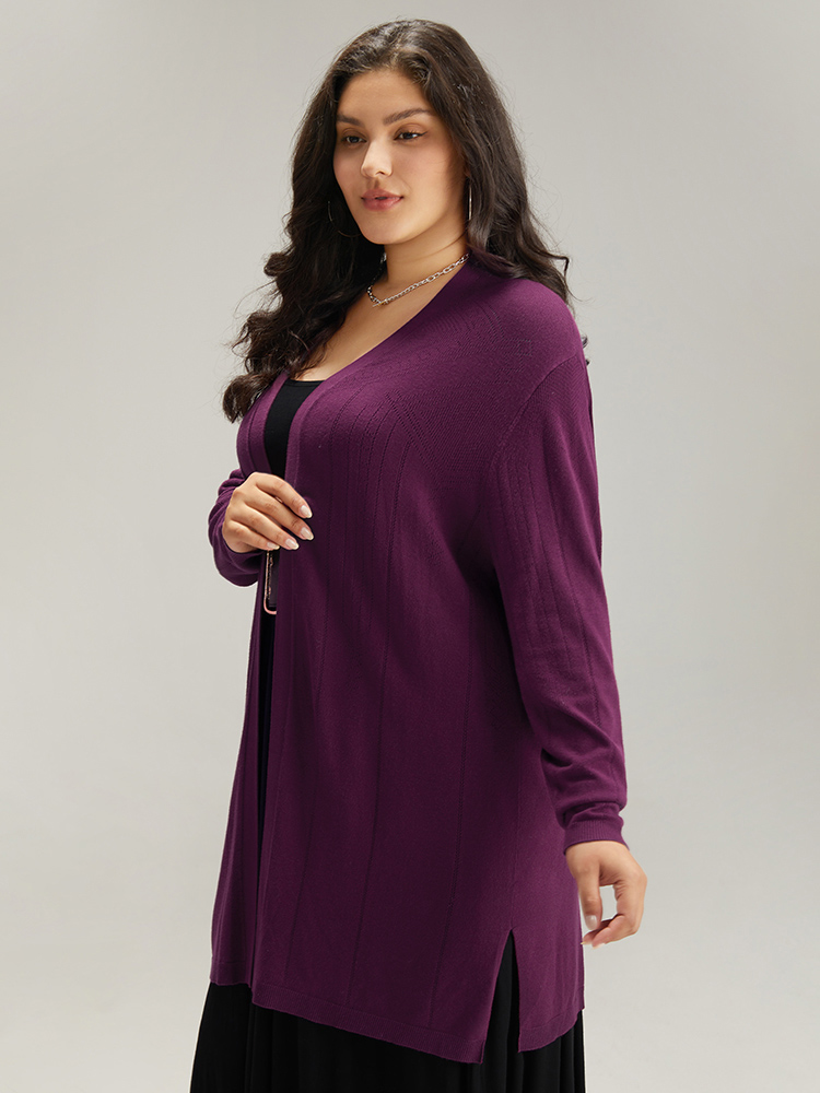 

Plus Size Supersoft Essentials Plain Hollow Out Open Front Cardigan Purple Women Basics Loose Long Sleeve Everyday Cardigans BloomChic