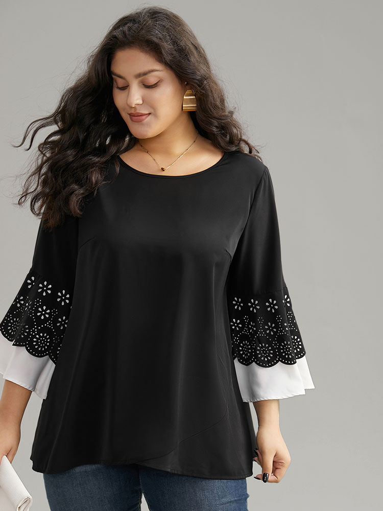 

Plus Size Black Anti-Wrinkle Laser Cut Contrast Ruffles Blouse Women Office Long Sleeve Round Neck Work Blouses BloomChic