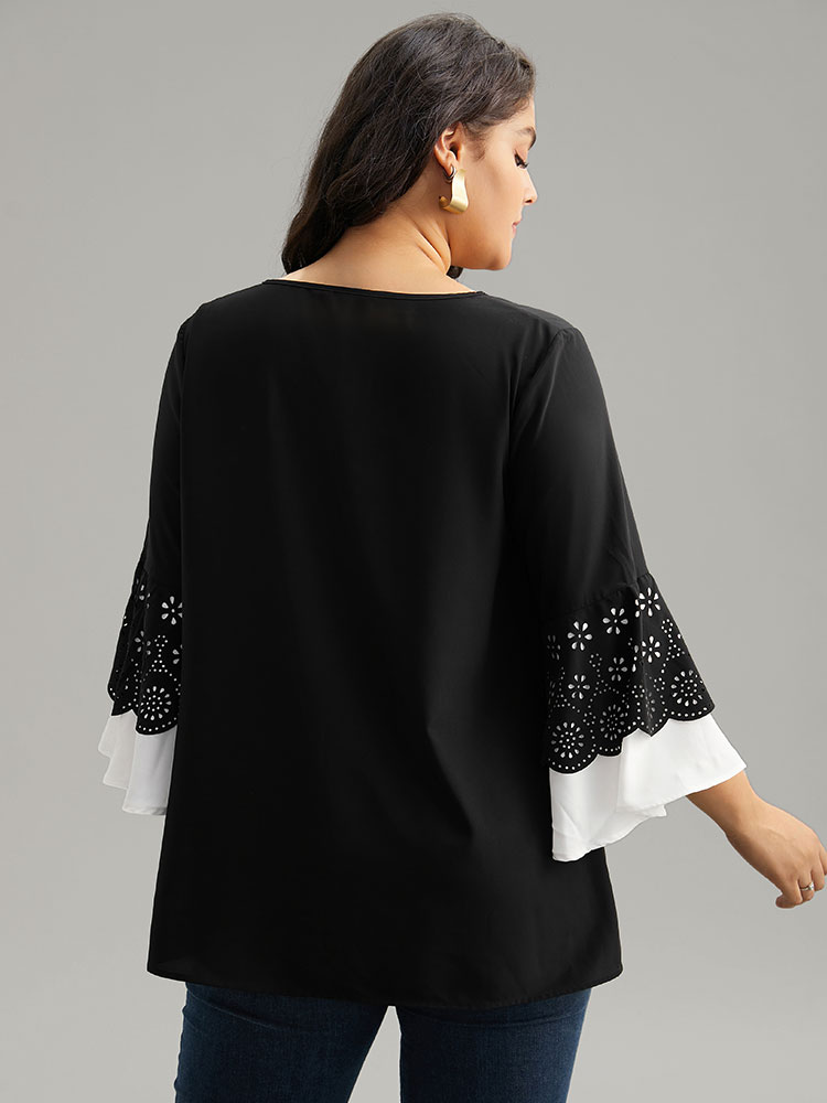 Plus Size Black Anti-Wrinkle Laser Cut Contrast Ruffles Blouse Women Office Long Sleeve Round Neck Work Blouses BloomChic 26/4X 