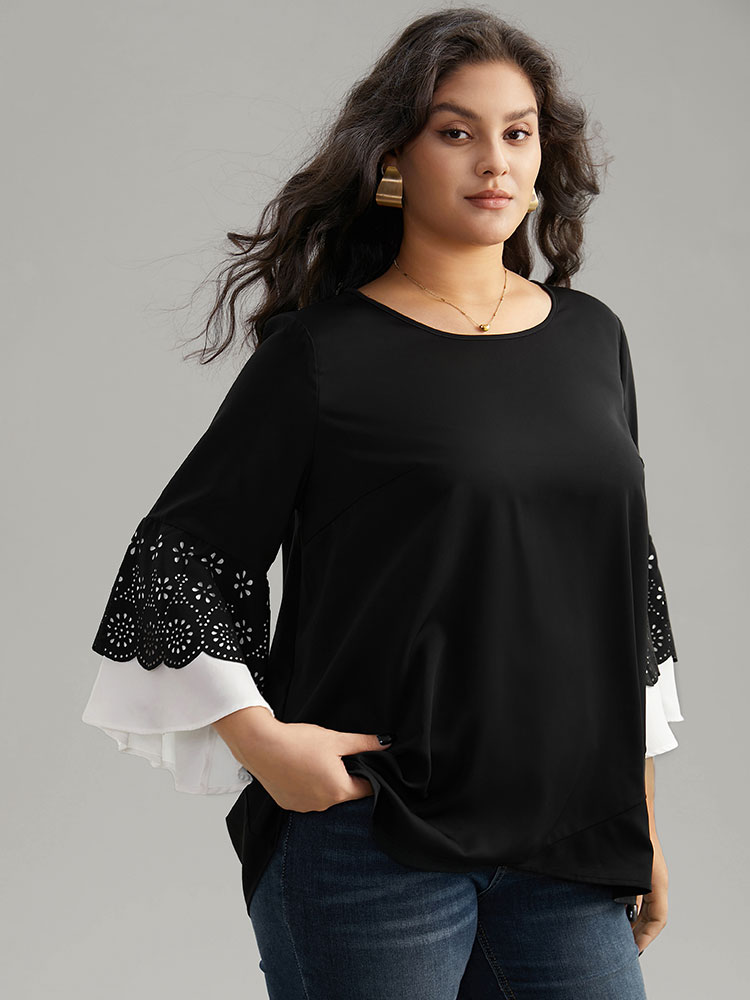 

Plus Size Black Anti-Wrinkle Laser Cut Contrast Ruffles Blouse Women Office Long Sleeve Round Neck Work Blouses BloomChic