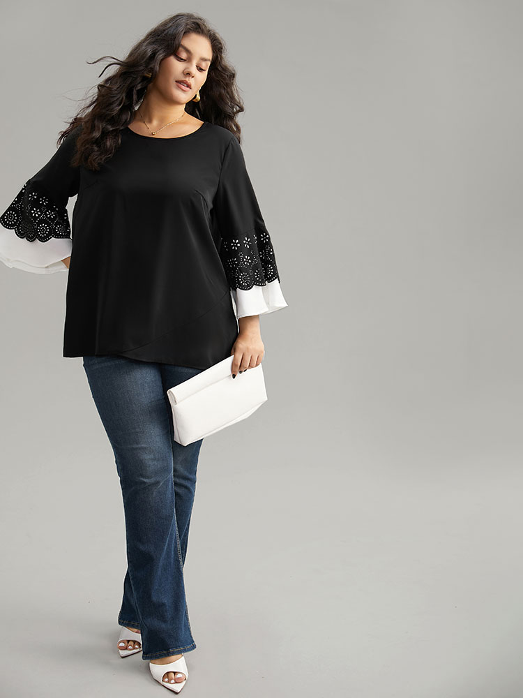 Plus Size Black Anti-Wrinkle Laser Cut Contrast Ruffles Blouse Women Office Long Sleeve Round Neck Work Blouses BloomChic 26/4X 