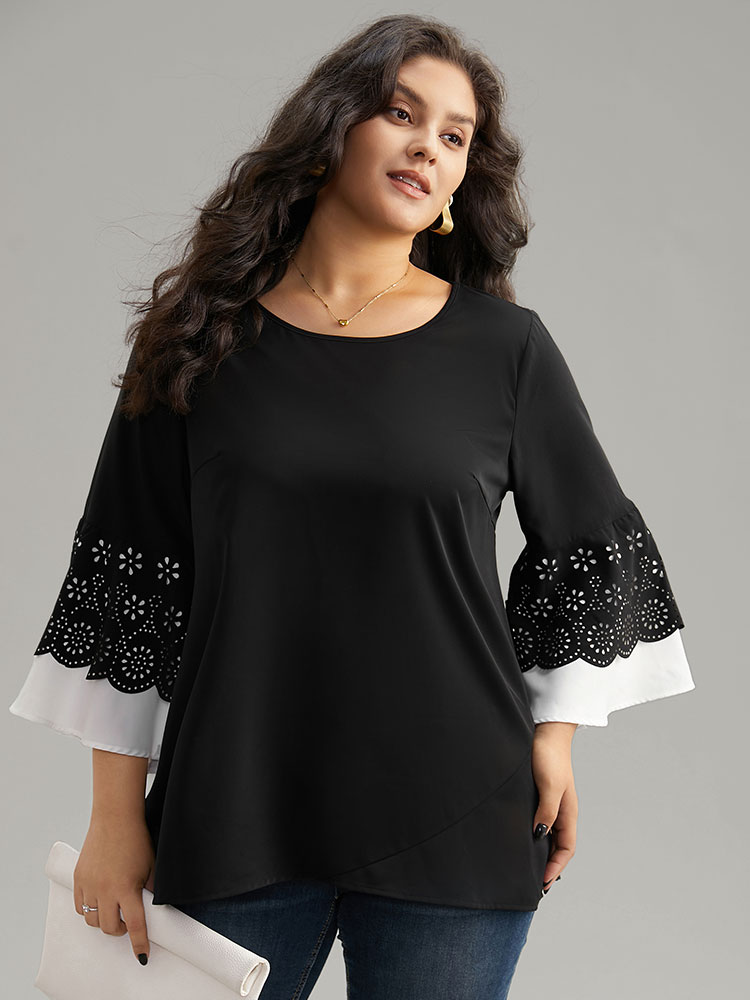 Plus Size Black Anti-Wrinkle Laser Cut Contrast Ruffles Blouse Women Office Long Sleeve Round Neck Work Blouses BloomChic 26/4X 