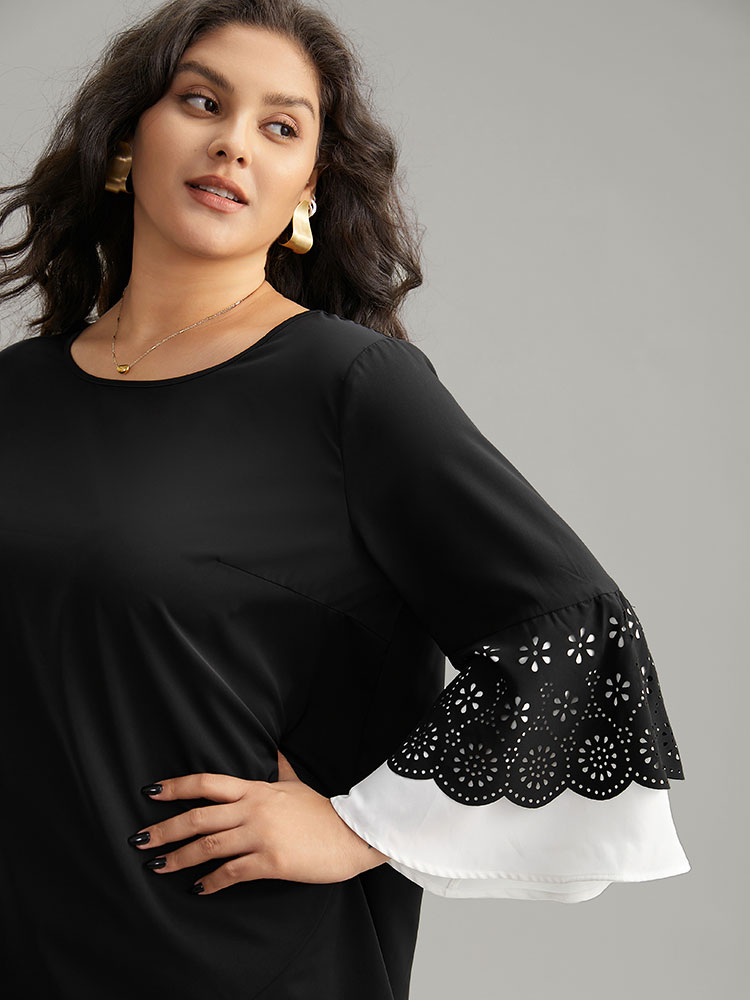Plus Size Black Anti-Wrinkle Laser Cut Contrast Ruffles Blouse Women Office Long Sleeve Round Neck Work Blouses BloomChic 26/4X 