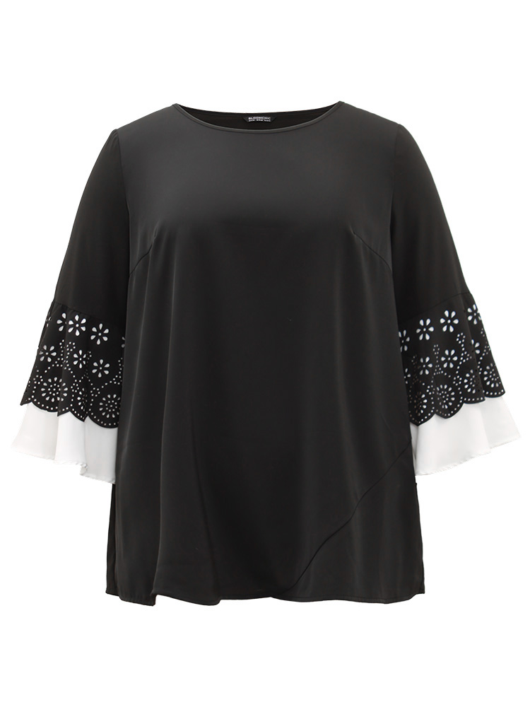 Plus Size Black Anti-Wrinkle Laser Cut Contrast Ruffles Blouse Women Office Long Sleeve Round Neck Work Blouses BloomChic 26/4X 