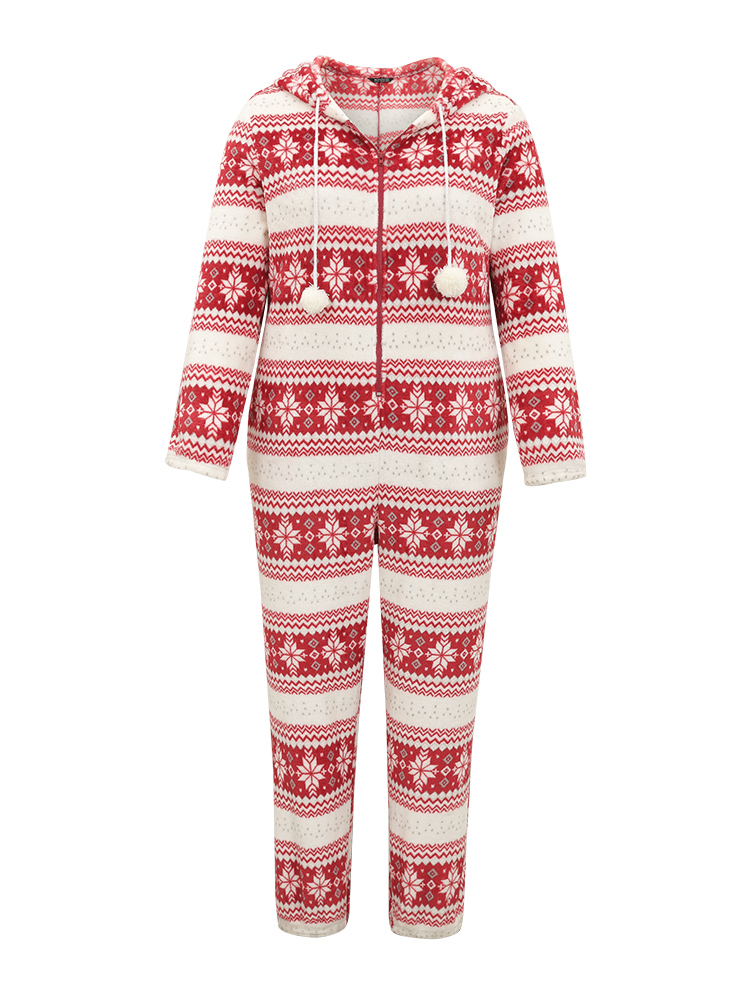 

Plus Size Snowflake Print Fuzzy Trim Sleep Hooded Jumpsuit Red Pocket Elastic cuffs Festival-Christmas Casual Sleep Jumpsuits/Rompers  Bloomchic