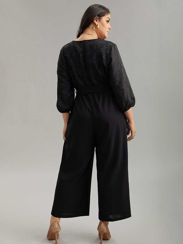 Plus Size Black Plain Textured Belted Wrap Jumpsuit Women Party Elbow-length sleeve Overlap Collar Going out Loose Jumpsuits BloomChic 10/M 