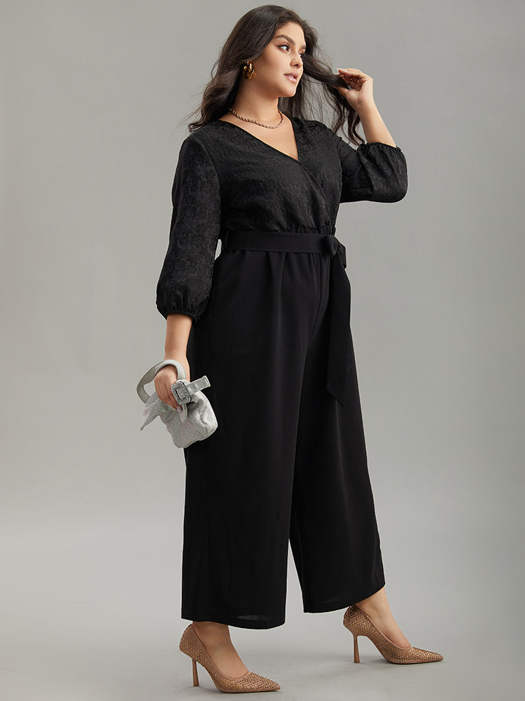 Plus Size Black Plain Textured Belted Wrap Jumpsuit Women Party Elbow-length sleeve Overlap Collar Going out Loose Jumpsuits BloomChic 10/M 
