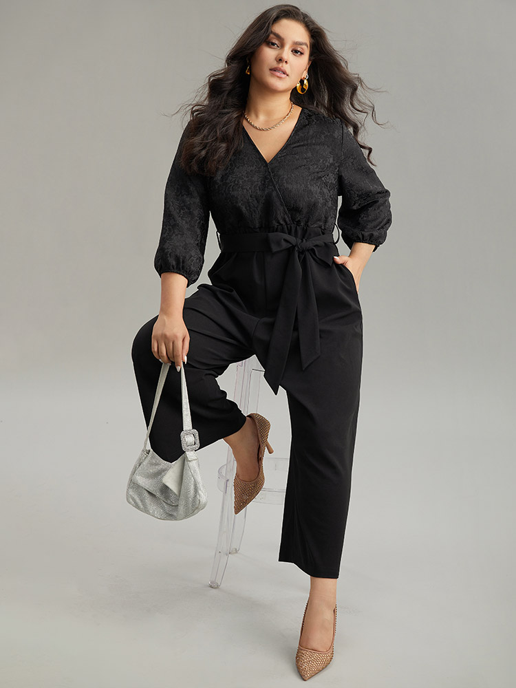 Plus Size Black Plain Textured Belted Wrap Jumpsuit Women Party Elbow-length sleeve Overlap Collar Going out Loose Jumpsuits BloomChic 10/M 