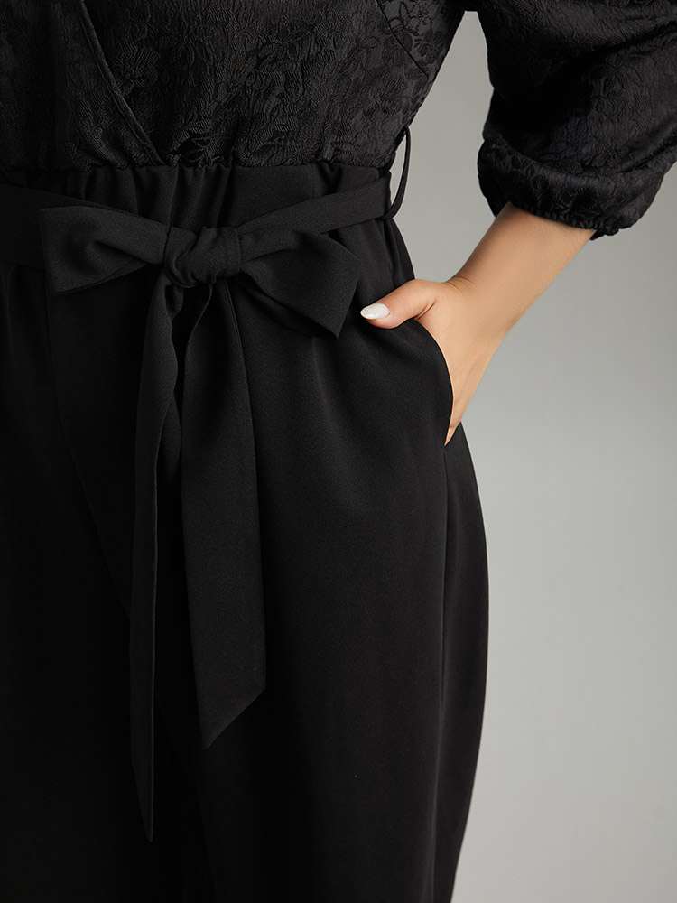 Plus Size Black Plain Textured Belted Wrap Jumpsuit Women Party Elbow-length sleeve Overlap Collar Going out Loose Jumpsuits BloomChic 10/M 
