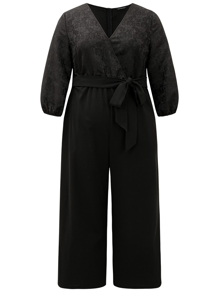 Plus Size Black Plain Textured Belted Wrap Jumpsuit Women Party Elbow-length sleeve Overlap Collar Going out Loose Jumpsuits BloomChic 10/M 
