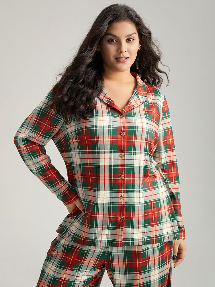 BloomChic Women's Plus Size Snuggly Plaid Print Button-Down Pajama Top Multicolor Plaid Long Sleeve 12/L