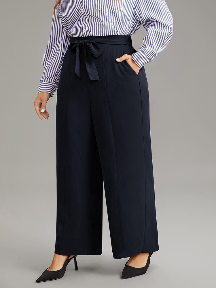 

Plus Size Anti-Wrinkle Solid Ties Wide Leg Pants Women Indigo Office Wide Leg High Rise Work Pants BloomChic