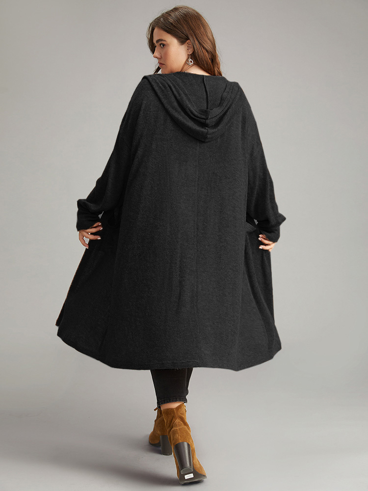 

Plus Size Plain Hooded Pocket Open Front Kimono Women Black Casual Texture Pocket Dailywear Kimonos BloomChic