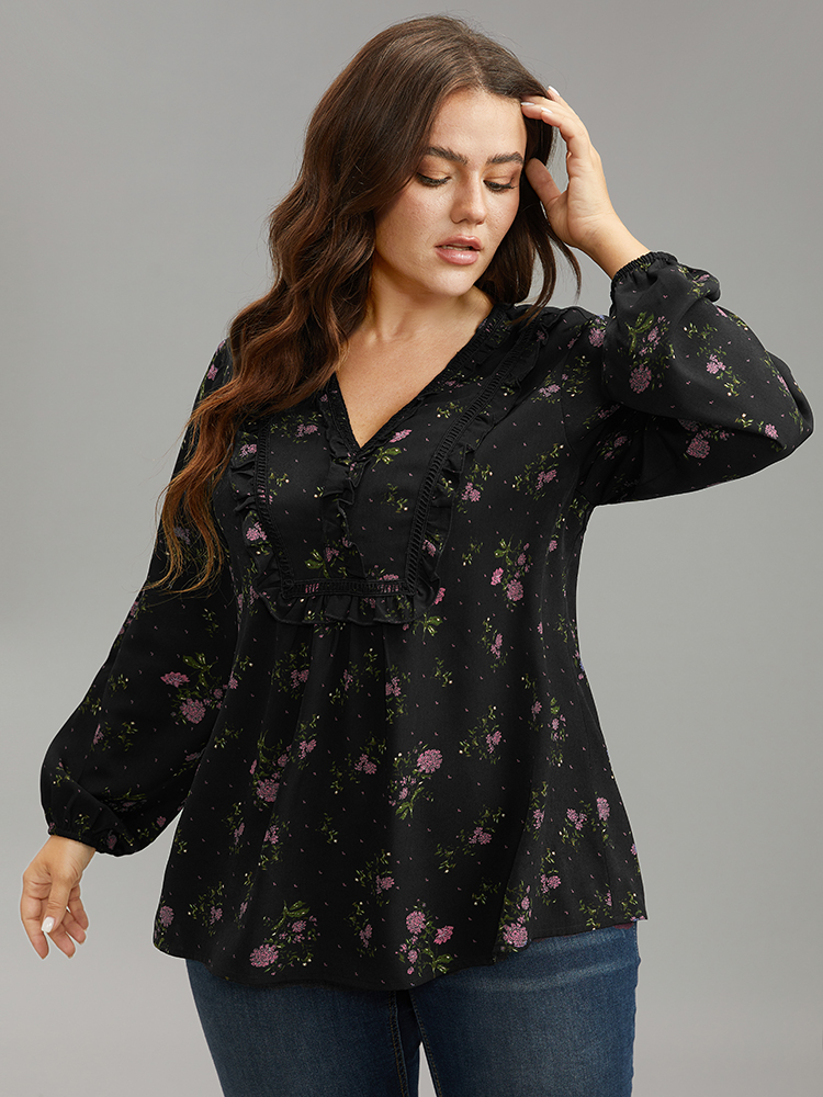 

Plus Size RedViolet Ditsy Floral Lantern Sleeve Frill Trim Blouse Women Elegant Long Sleeve V-neck Dailywear Blouses BloomChic