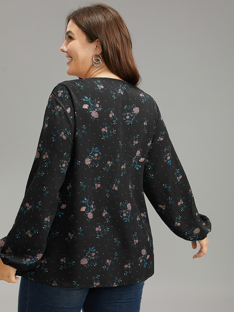 Plus Size Yellow Ditsy Floral Lantern Sleeve Frill Trim Blouse Women Elegant Long Sleeve V-neck Dailywear Blouses BloomChic 18-20/2X 
